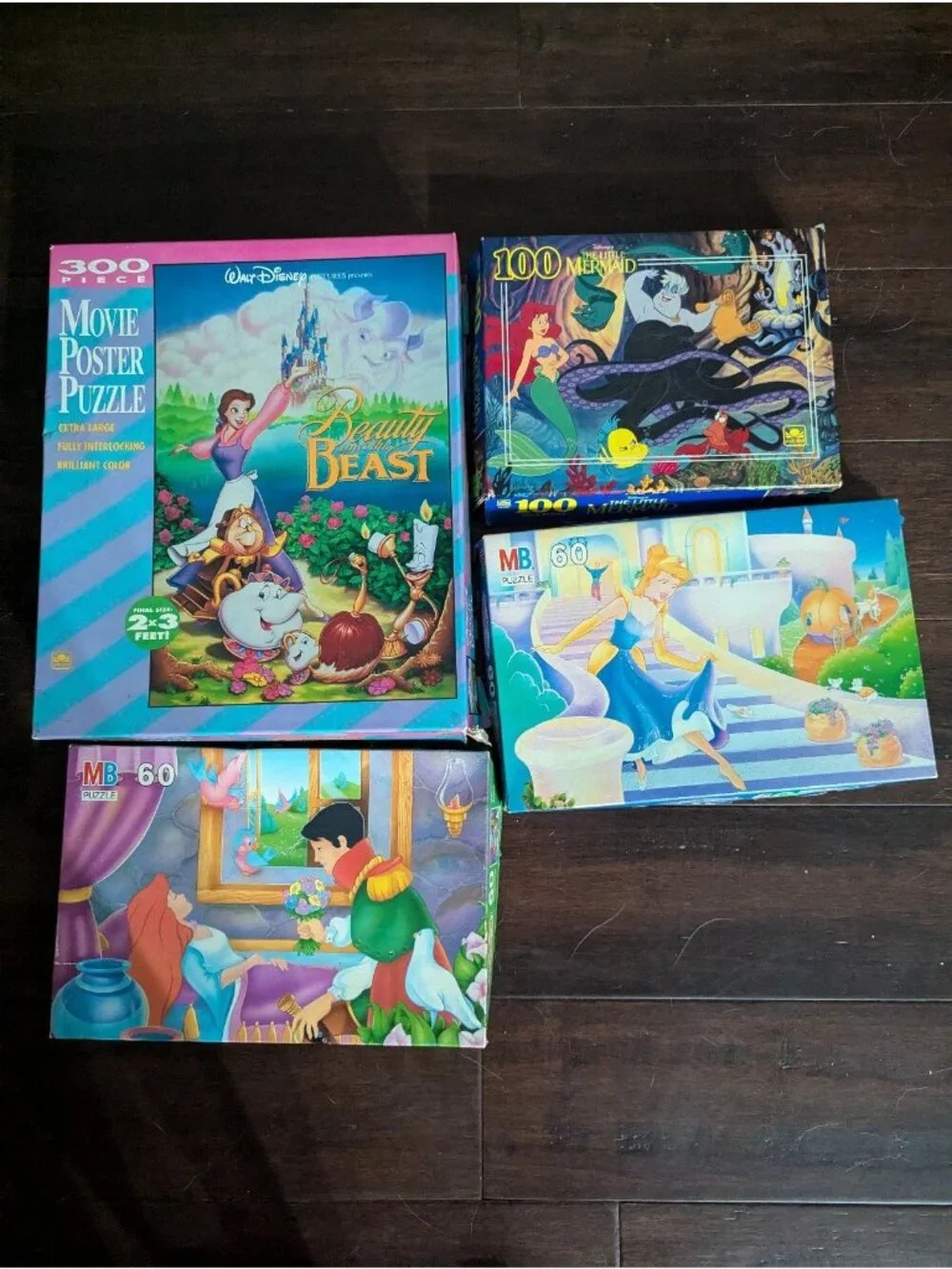 Lot of 4 Vintage Girls Jigsaw Puzzles Complete MB Belle Princess Little Mermaid